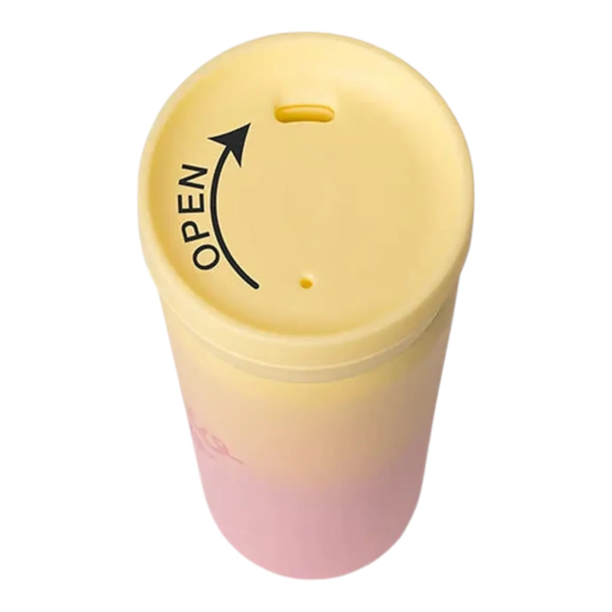 Lil Bunnies - The Collective 450ml coffee mug with a pink and yellow ombre design and a yellow lid with open indicator