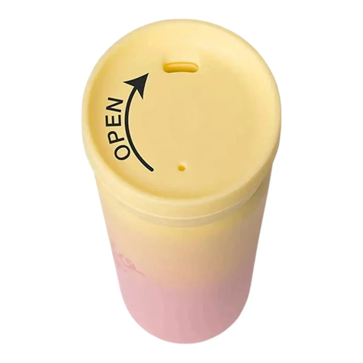 Lil Bunnies - The Collective 450ml coffee mug with a pink and yellow ombre design and a yellow lid with open indicator