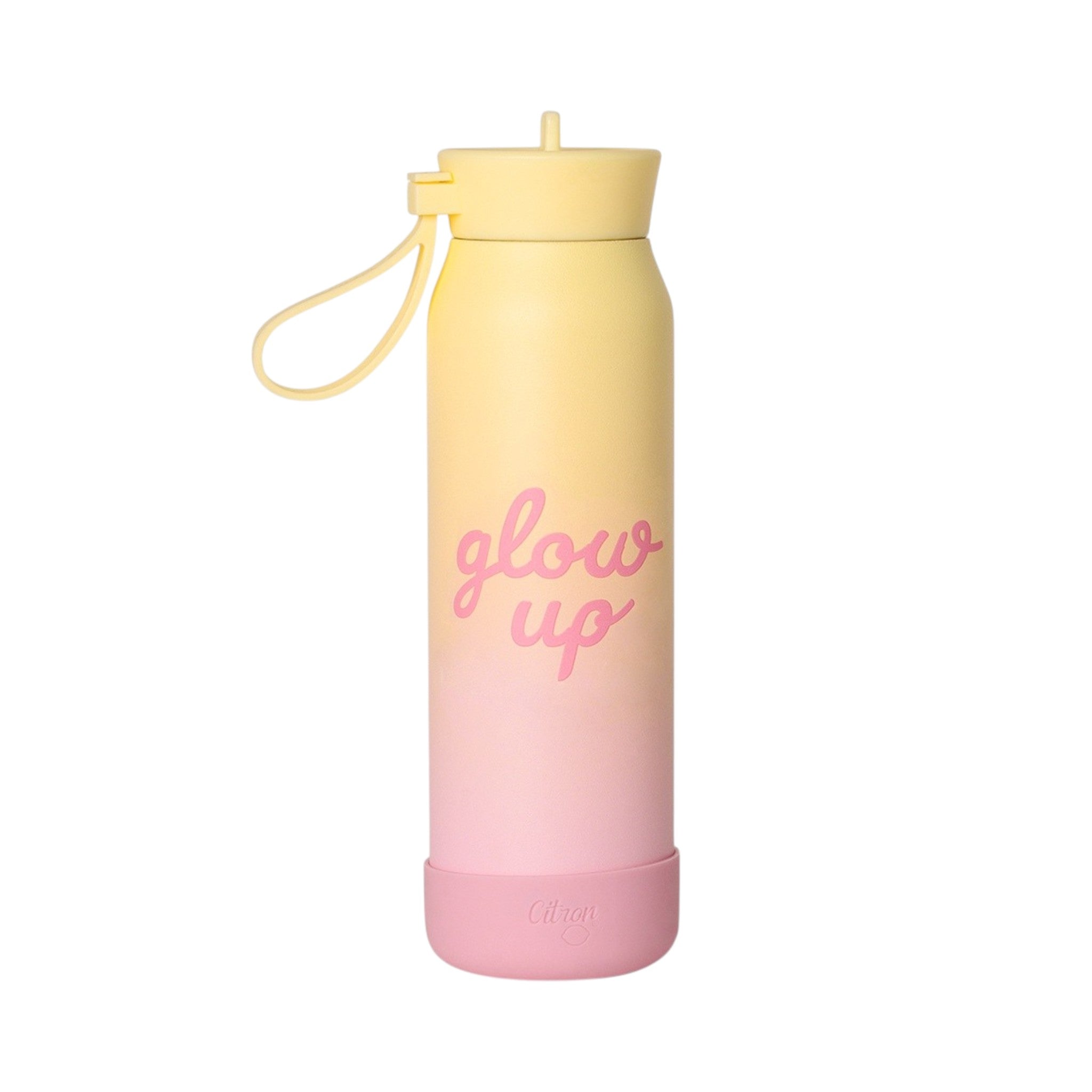 Lil Bunnies - The Collective 350ml pink and yellow ombre water bottle with glow up text and silicone base