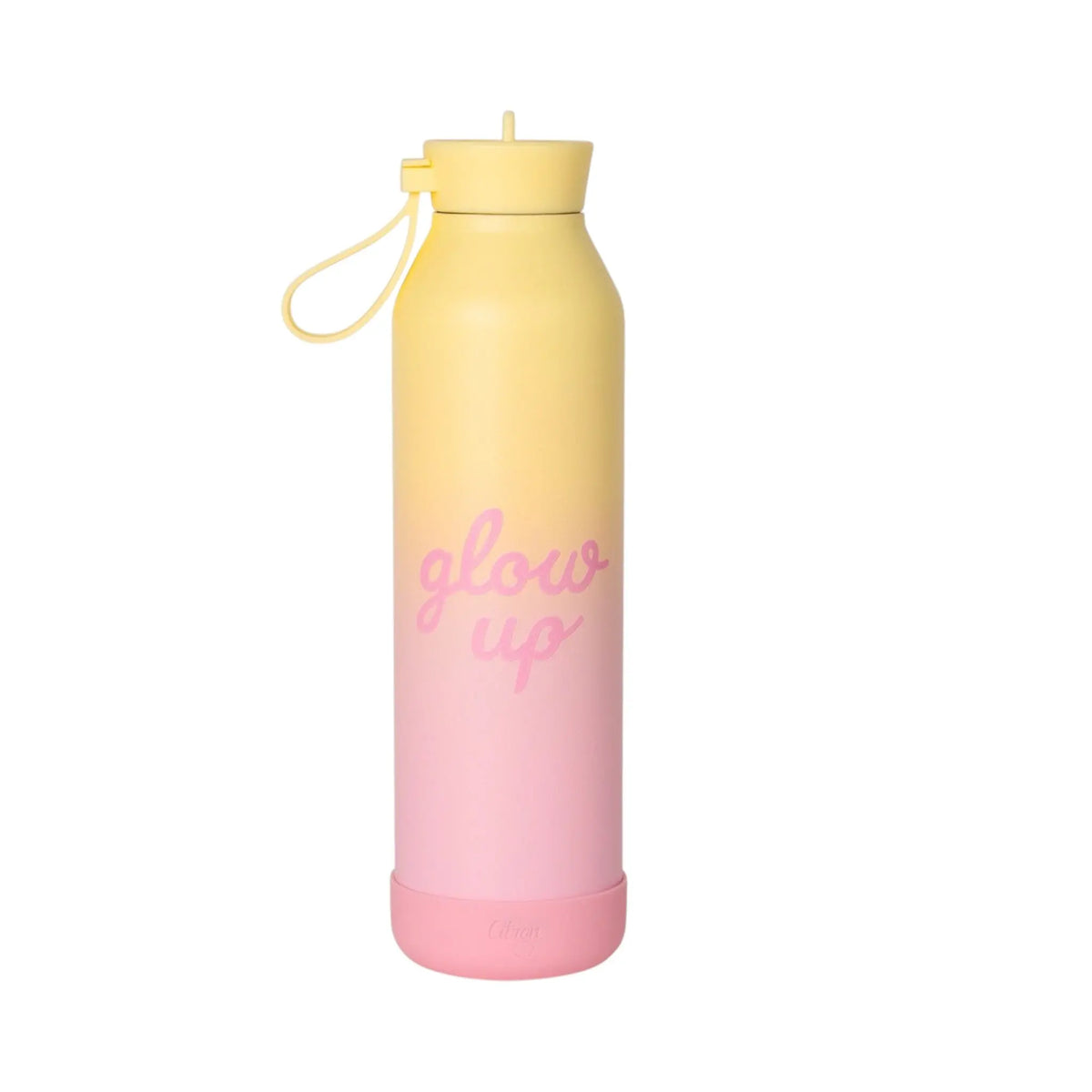 Lil Bunnies - The Collective 750ml water bottle with a pink and yellow ombre finish and glow up text