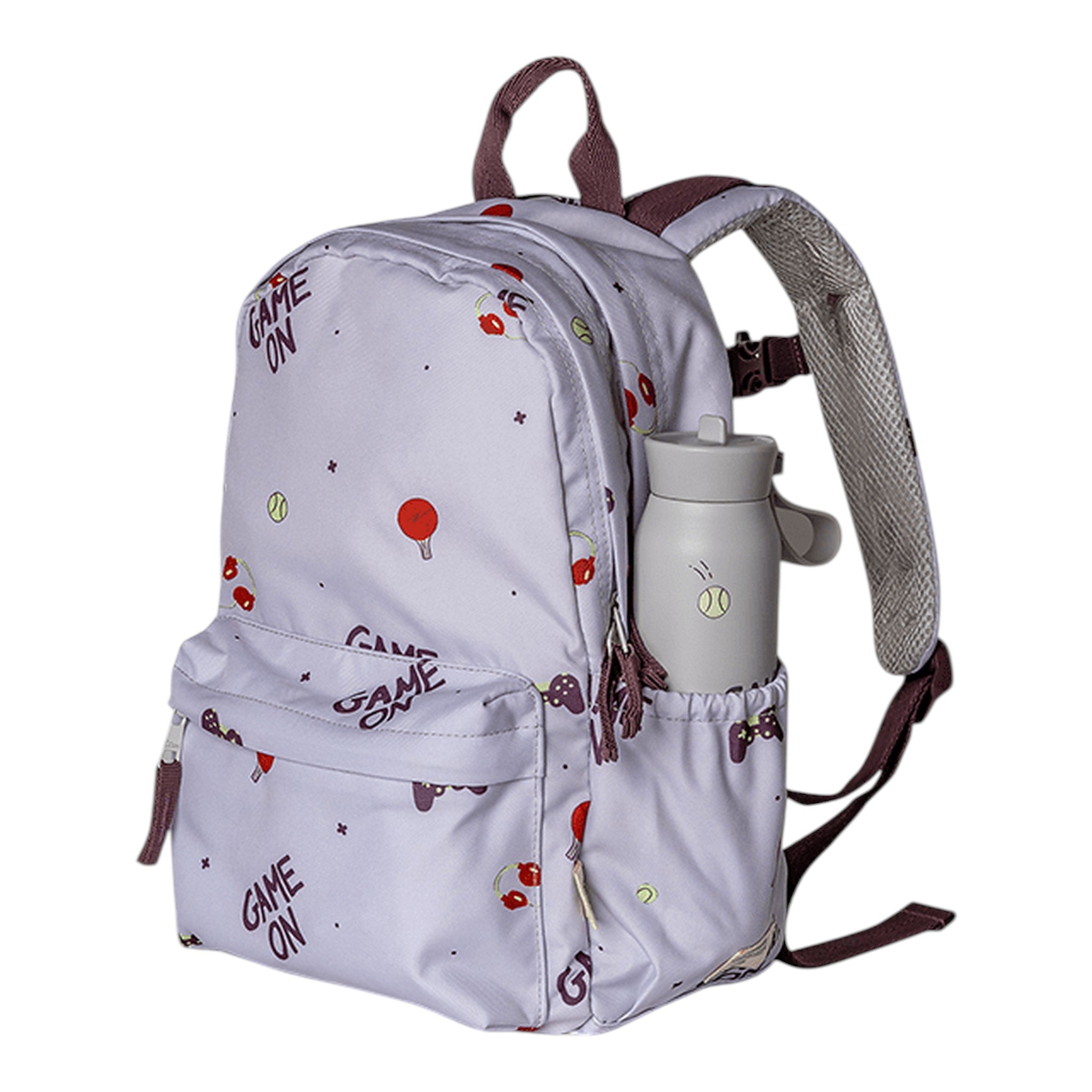 Lil Bunnies - The Collective medium backpack in light purple with a playful Game On sports print and side water bottle