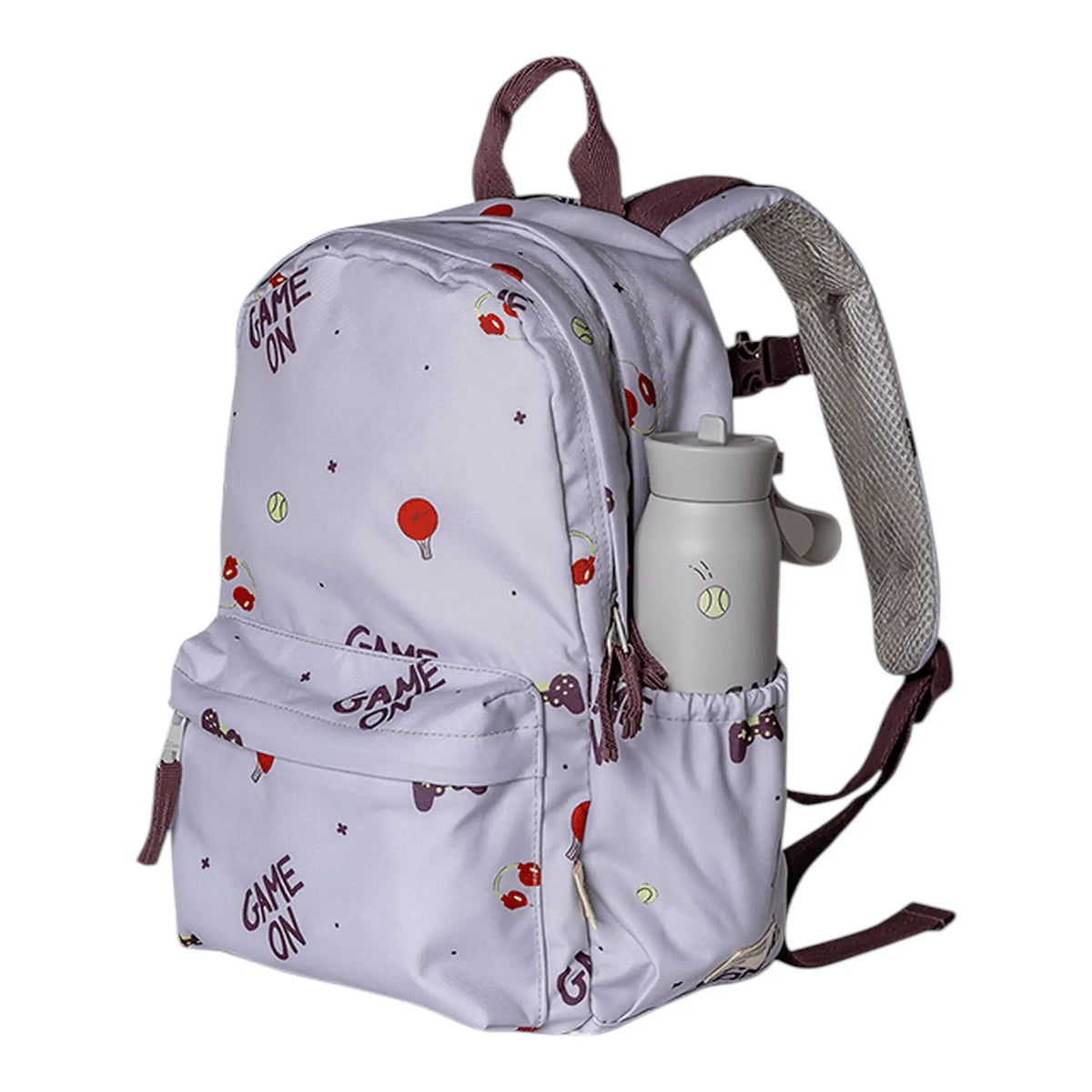 Lil Bunnies - The Collective medium backpack in light purple with a playful Game On sports print and side water bottle