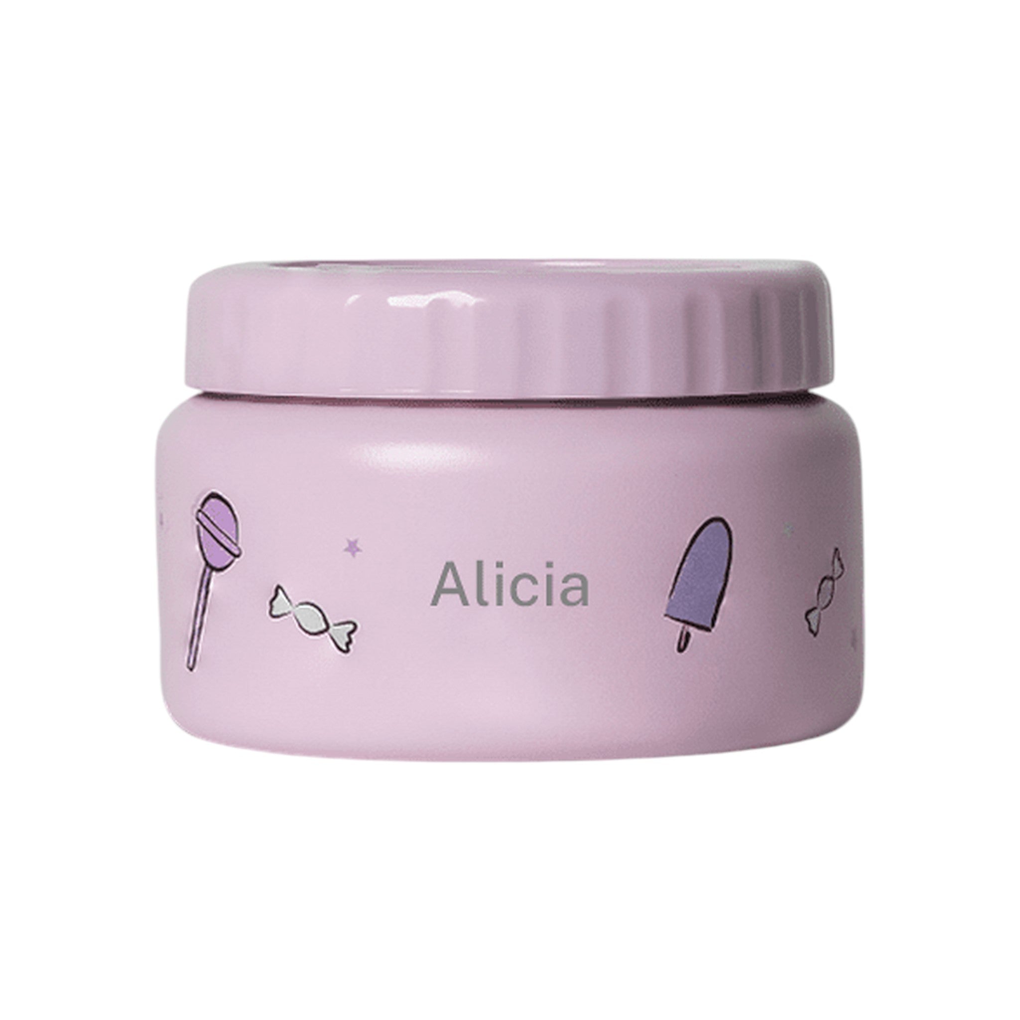 Lil Bunnies - The Collective 250ml insulated food jar in light purple with unicorn, candy, and popsicle print