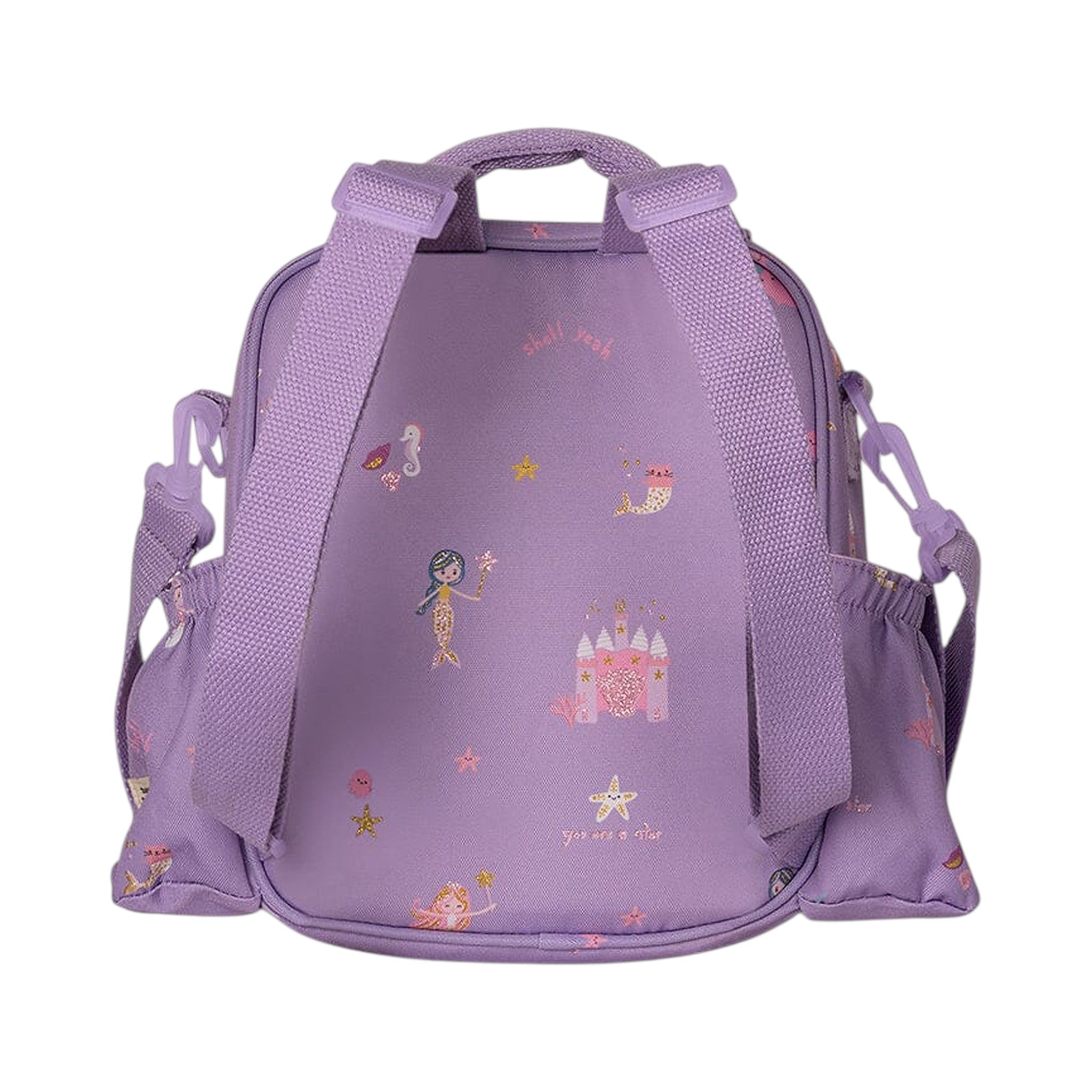 Lil Bunnies - The Collective purple insulated lunchbag backpack featuring a whimsical mermaid and castle print