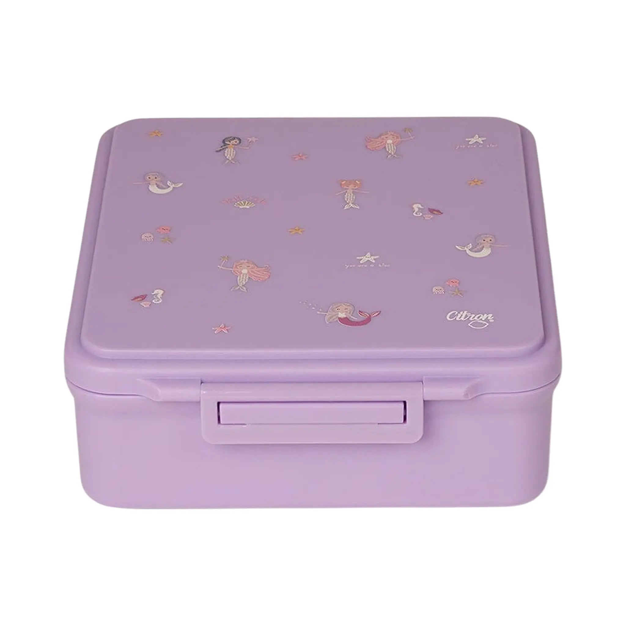 Lil Bunnies - The Collective purple lunchbox featuring a cute mermaid pattern and secure latch closure