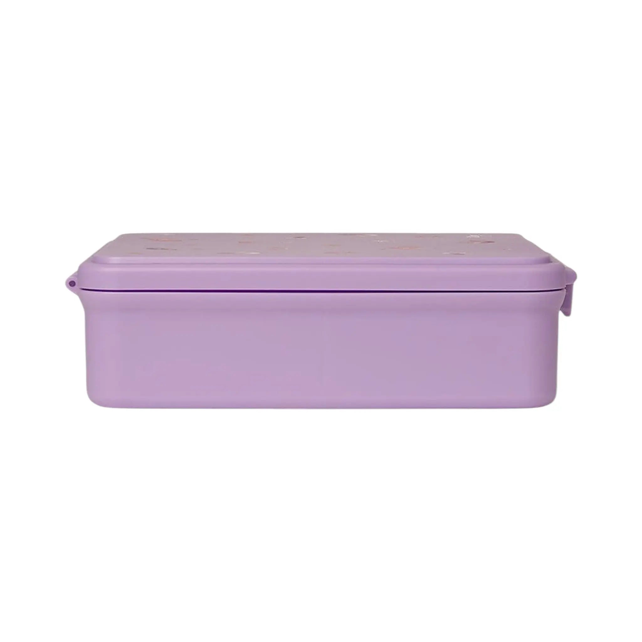 Lil Bunnies - The Collective mermaid themed purple lunchbox with a flat lid, viewed from the side.