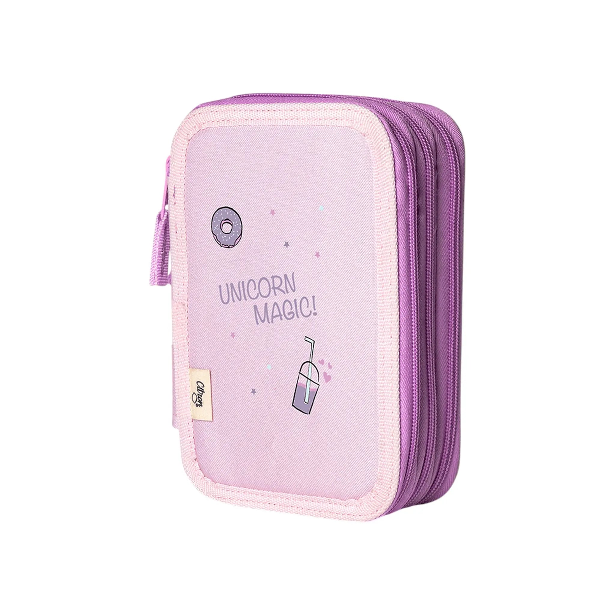 Lil Bunnies - The Collective Stormy Unicorn layered pencil case in light purple with donut and drink illustrations.