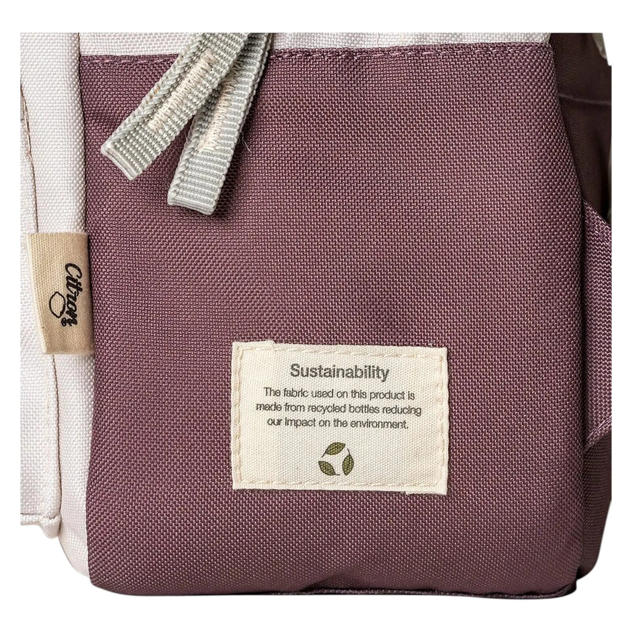 Lil Bunnies - The Collective mini backpack in plum and beige recycled fabric with a sustainability label detail