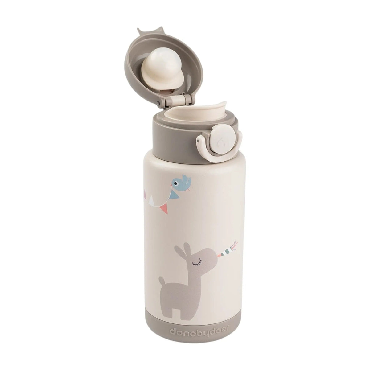 Lil Bunnies - The Collective sand-colored insulated bottle with cute animal illustrations and a flip-top lid