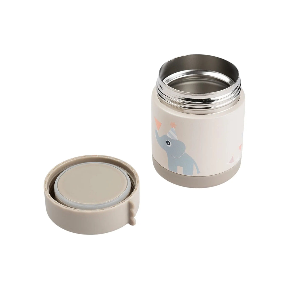 Lil Bunnies - The Collective sand-colored insulated food jar with a cute elephant print and matching screw-on lid