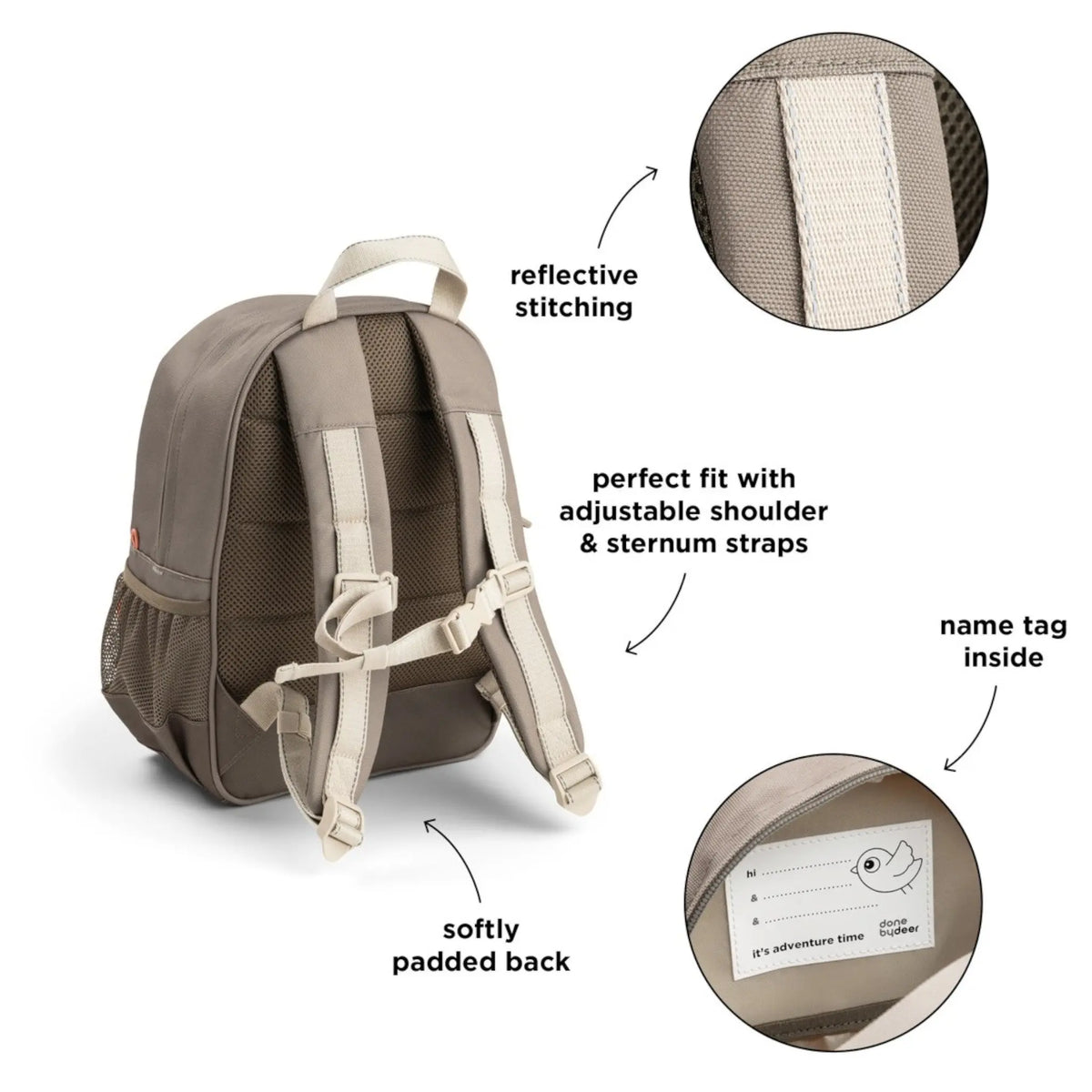 Lil Bunnies - The Collective Junior Backpack in sand with adjustable straps, padded back, and reflective stitching.