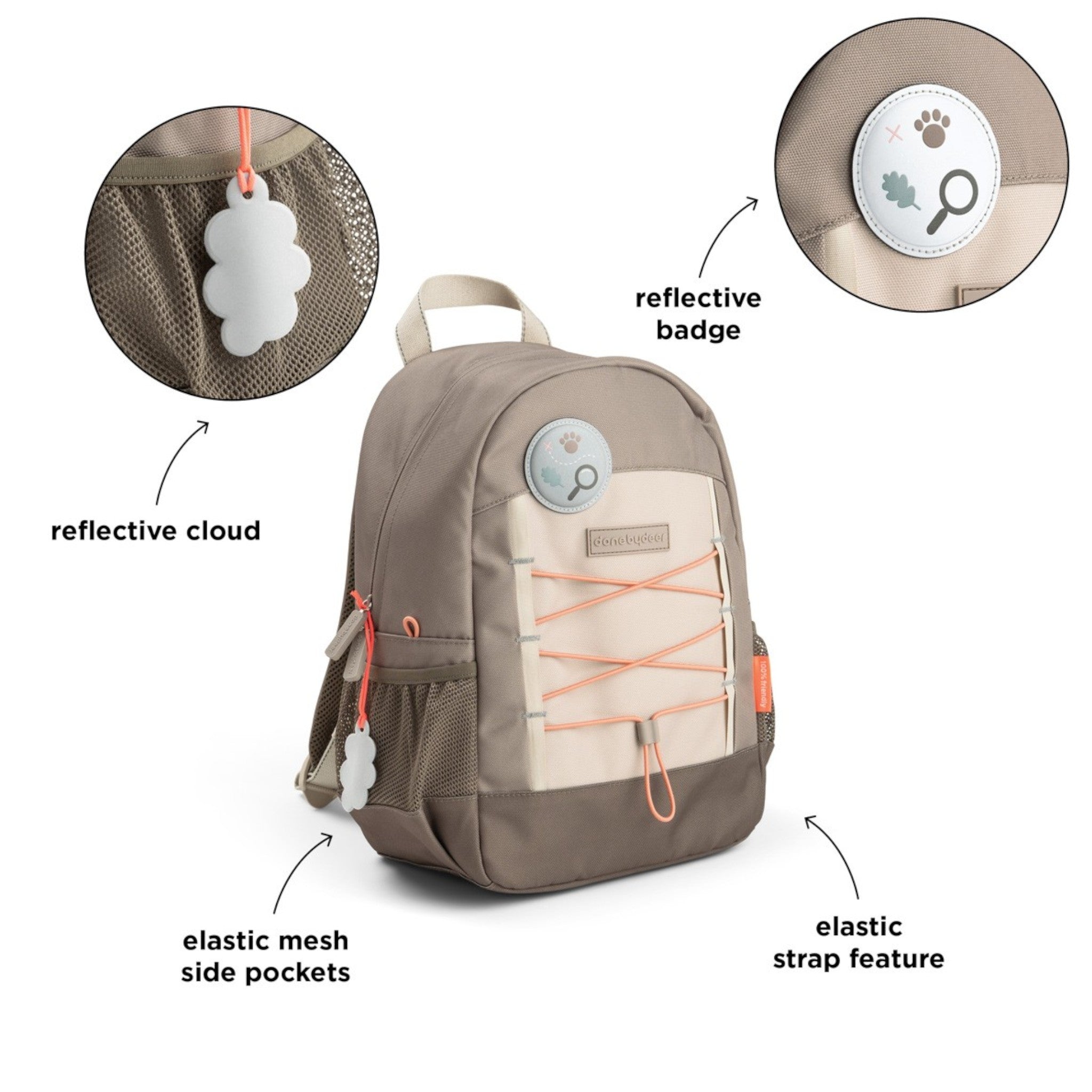 Lil Bunnies - The Collective Junior Backpack Tiny Trails in sand with reflective cloud charm and elastic front straps.