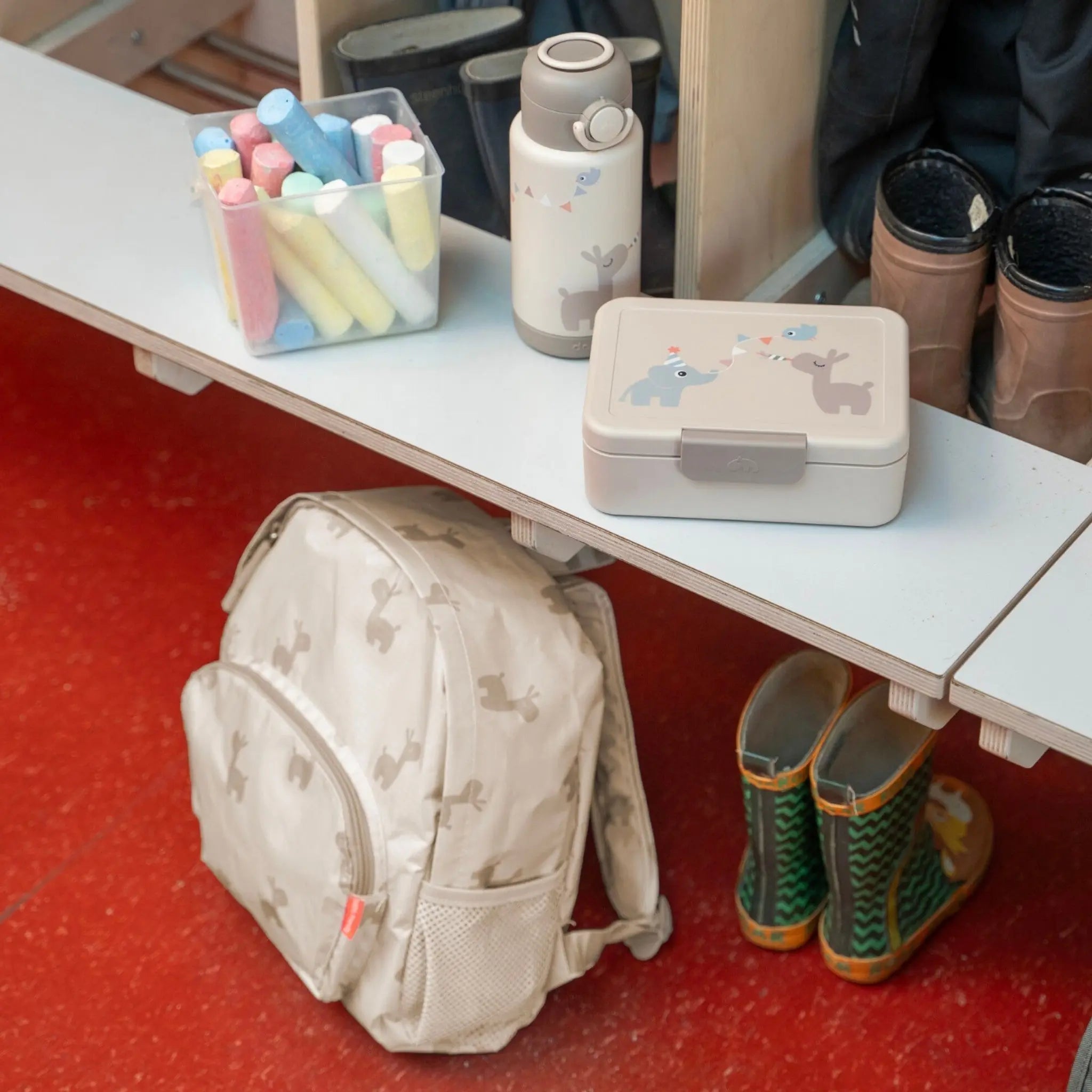 Lil Bunnies - The Collective sand-coloured lunch box with divider, featuring a cute animal print on the lid.