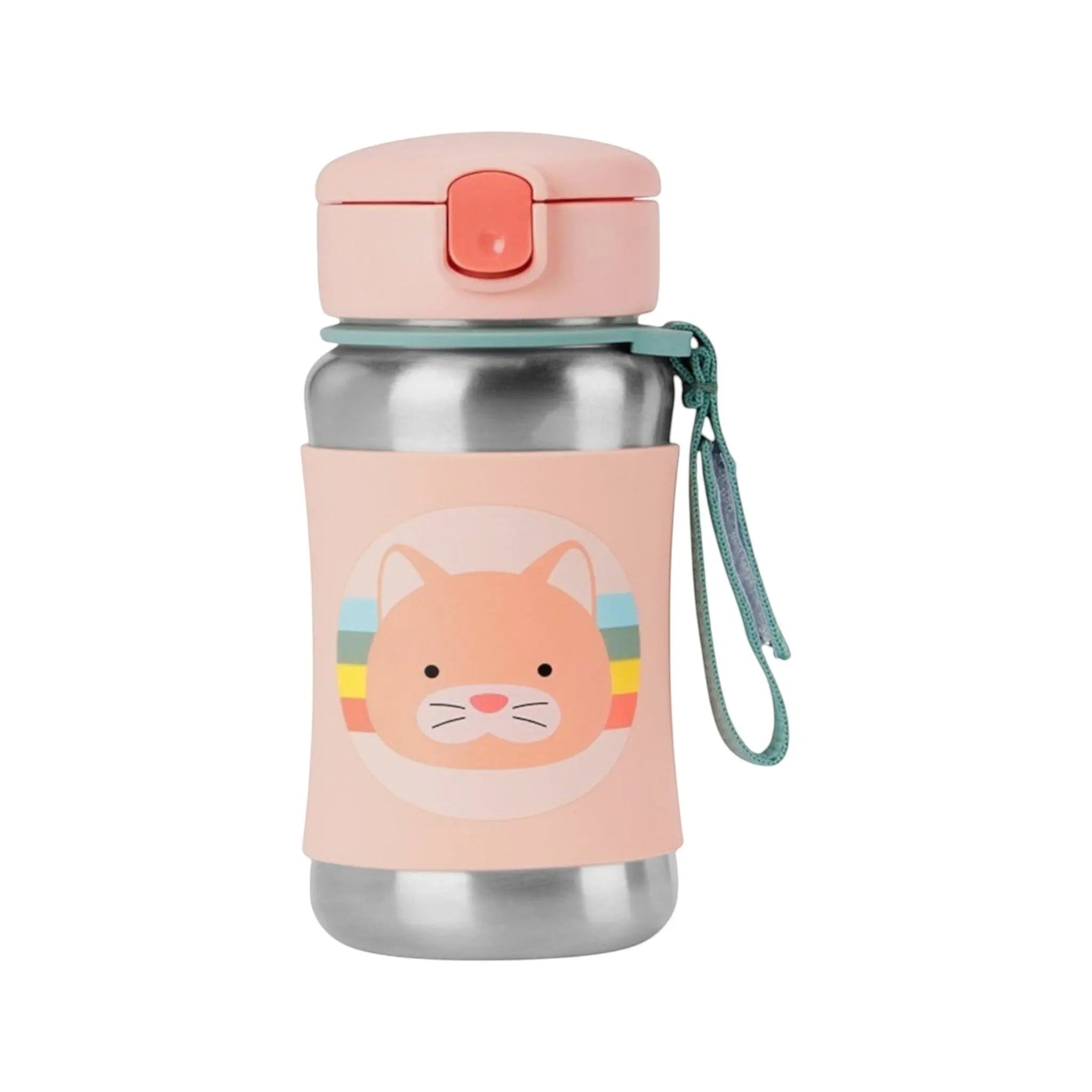 Lil Bunnies - The Collective stainless steel cat water bottle with a pink silicone sleeve and carry strap
