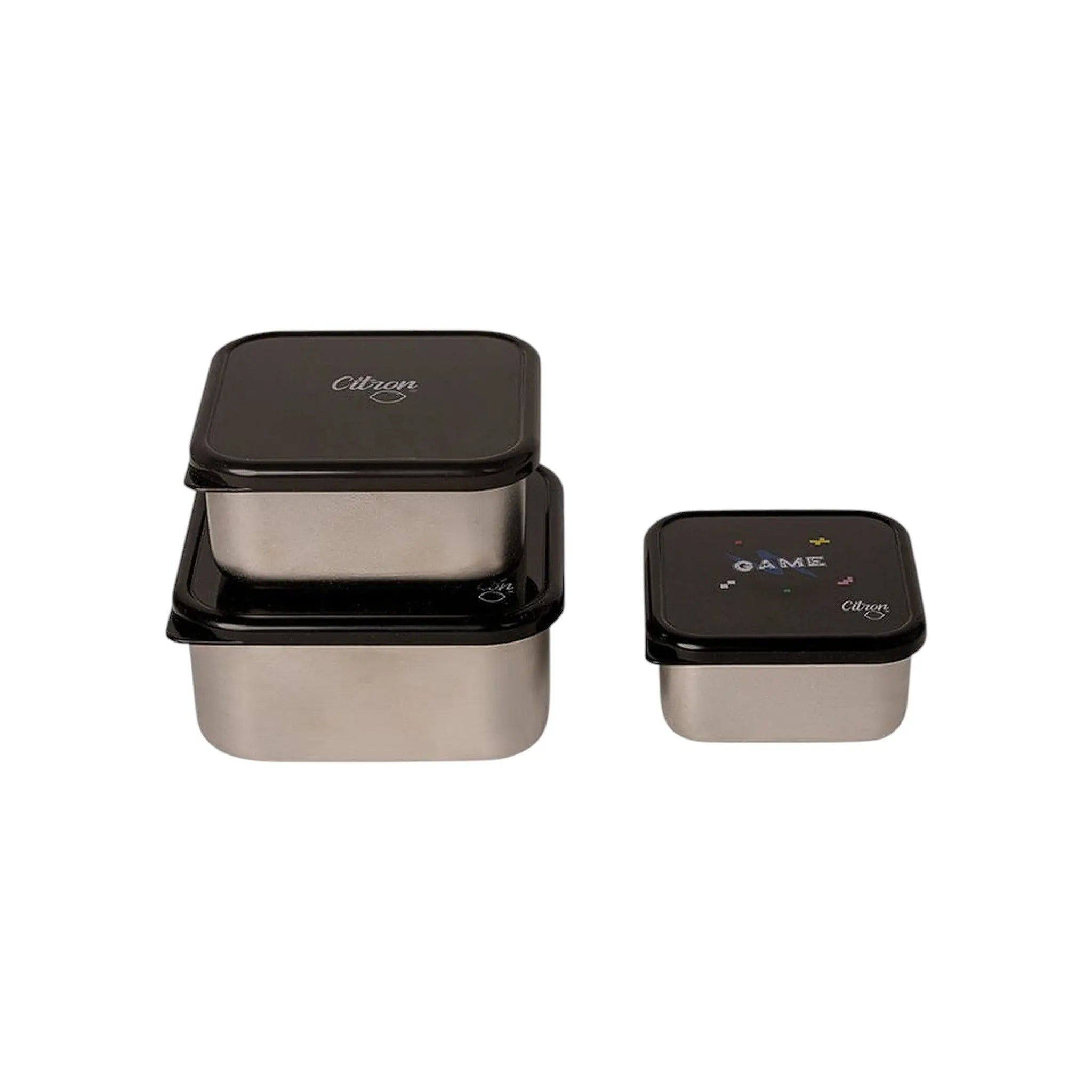 Lil Bunnies - The Collective stainless steel stackable lunchbox set with black lids and gaming-themed pixel art.