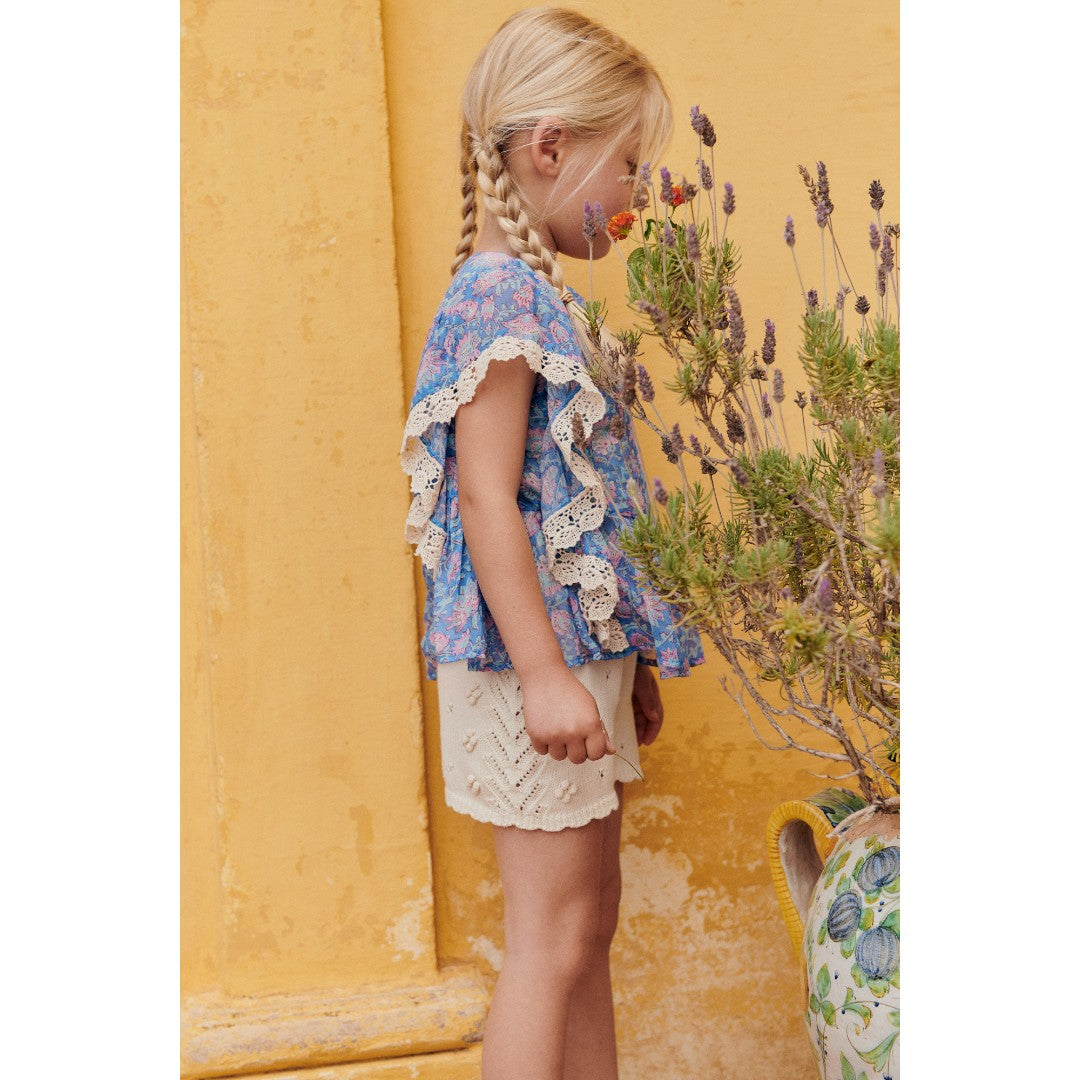 Blue Capri Floral Blouse & Cotton Knit Shorts