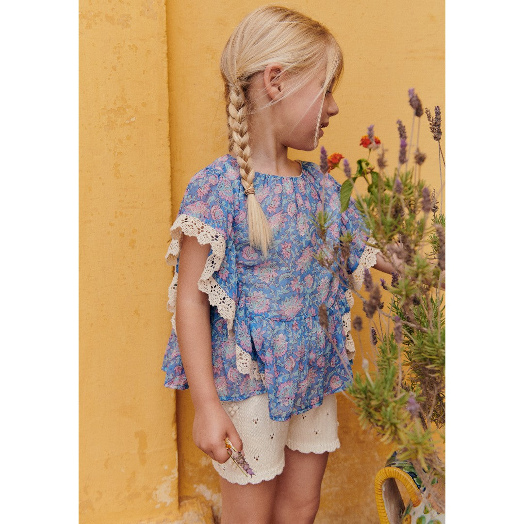 Blue Capri Floral Blouse & Cotton Knit Shorts