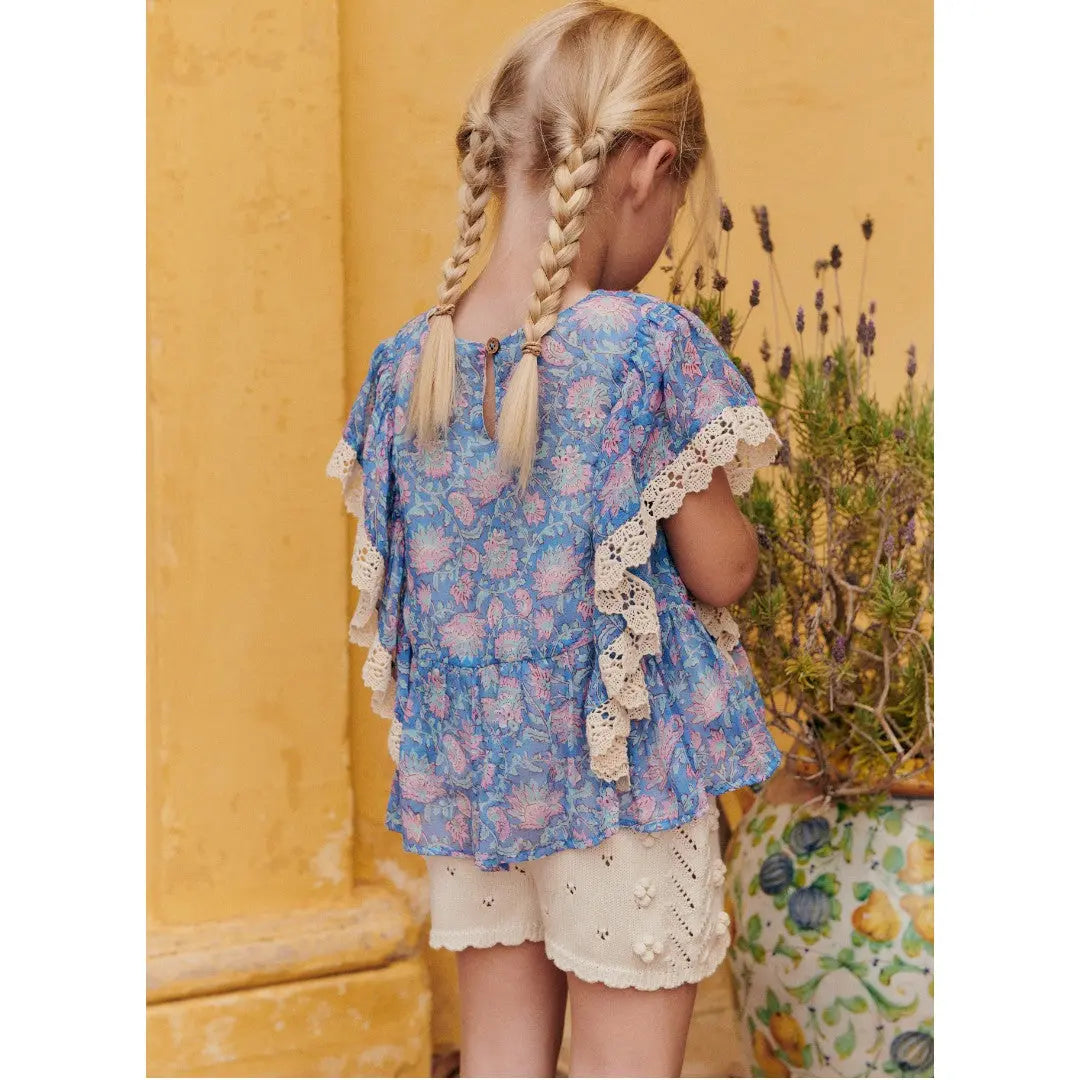 Blue Capri Floral Blouse & Cotton Knit Shorts LOUISE MISHA
