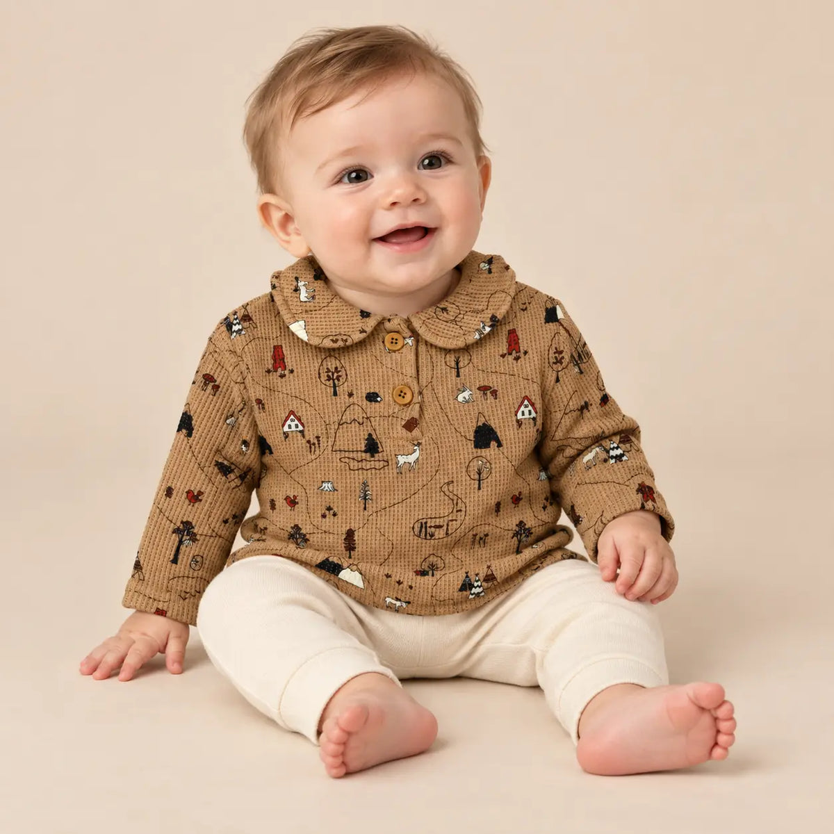 Printed Waffle Cotton Polo Shirt Wallnut lookbook image 9