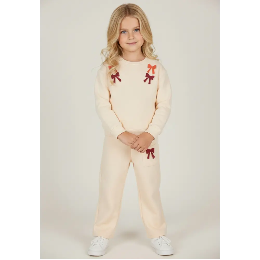 100% Organic Cotton Sweatshirt With Bows & Sweatpants - Sand YELL OH!