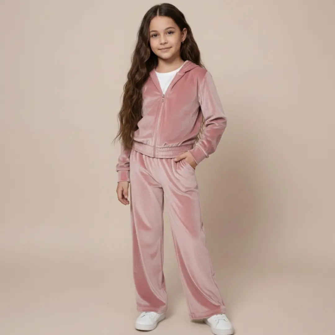 Girls Velvet Hoodie Set - Pink ORELIE