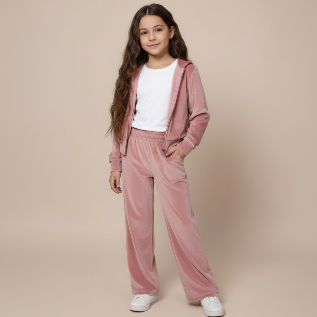 Girls Velvet Hoodie Set  - Pink