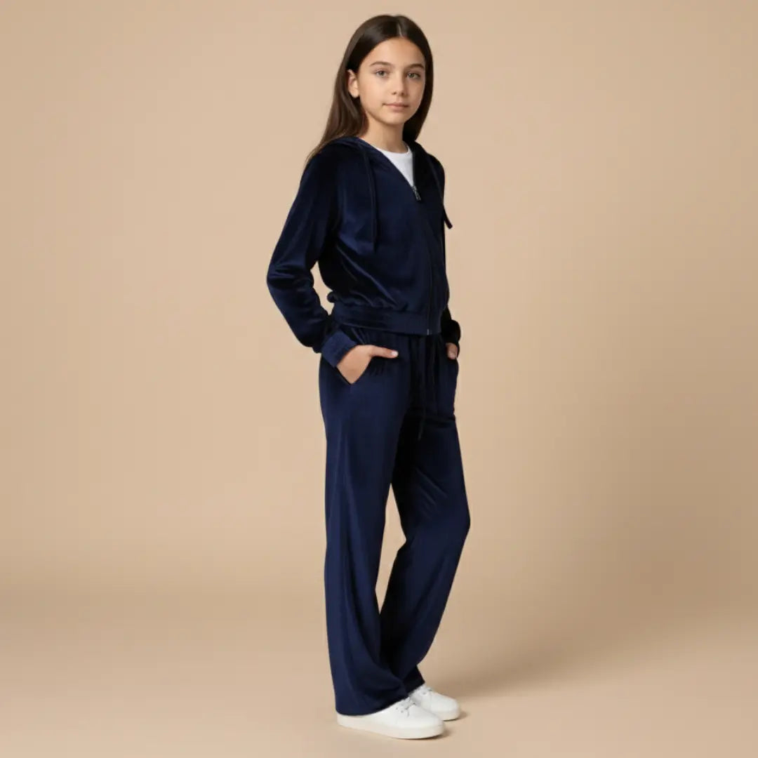 Girls Velvet Hoodie Set - Navy ORELIE