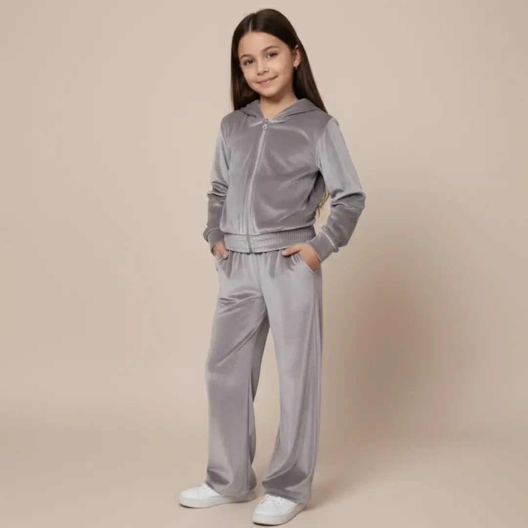 Girls Velvet Hoodie Set - Grey ORELIE