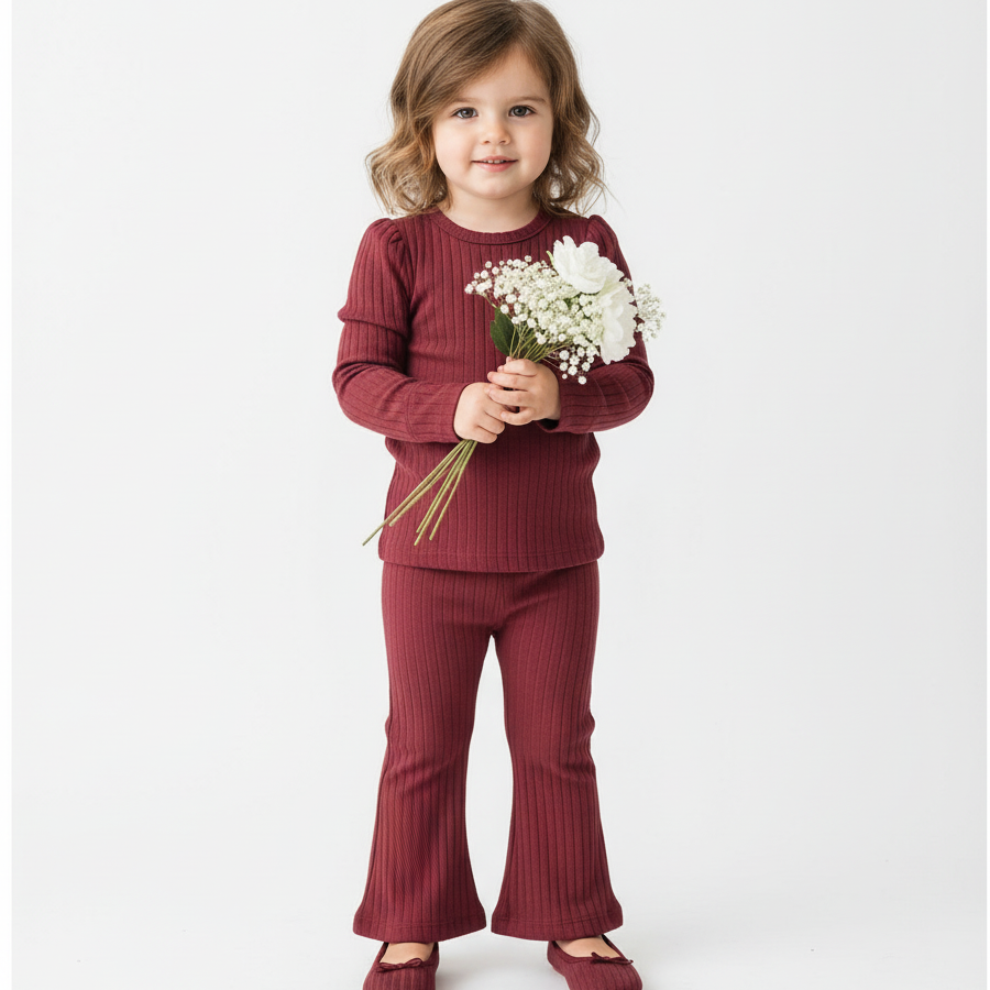 Baby Girl Ribbed T-shirt & Flared Leggings - Burgundy
