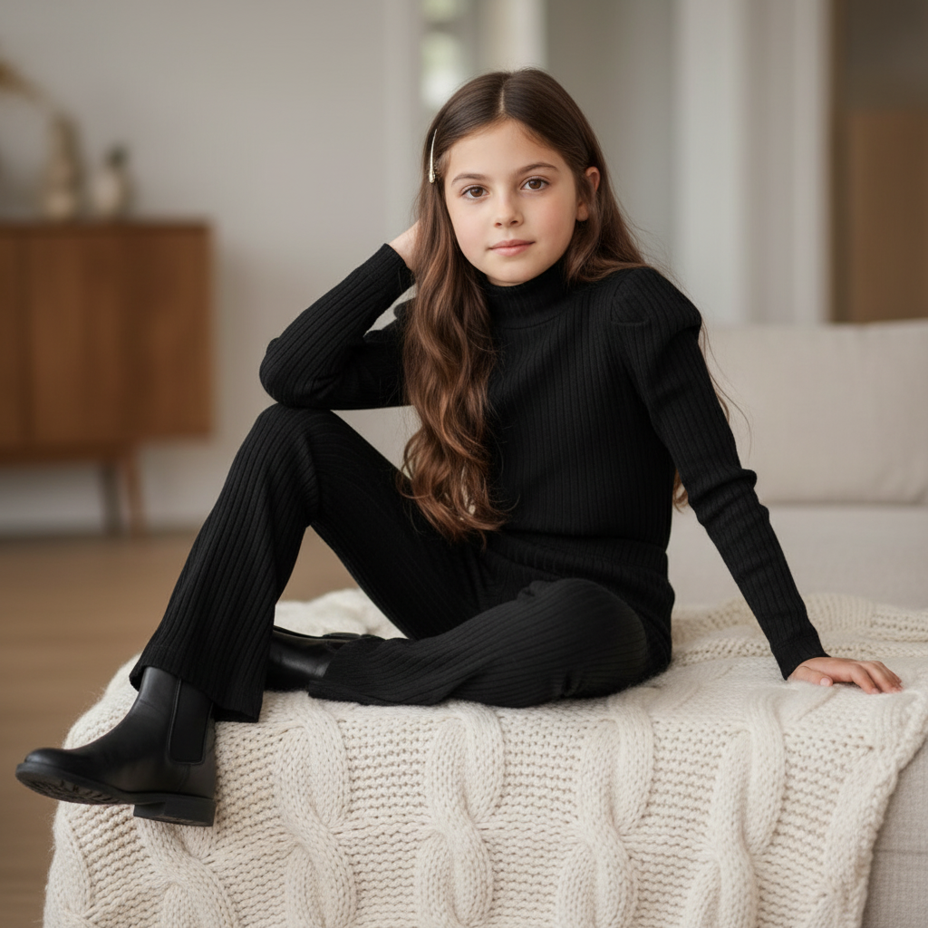 Girls Ribbed T-shirt & Leggings - Black