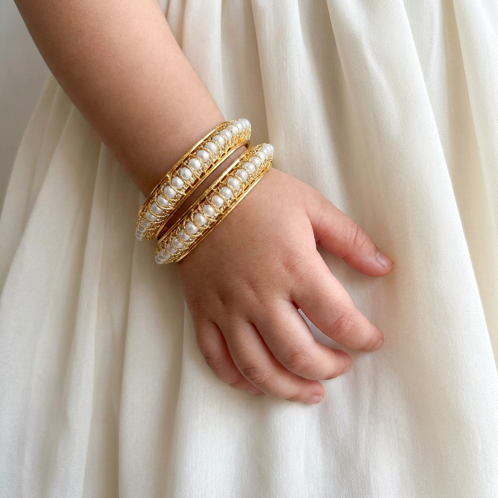 Pearl Halo Gold Bangles 2 Piece