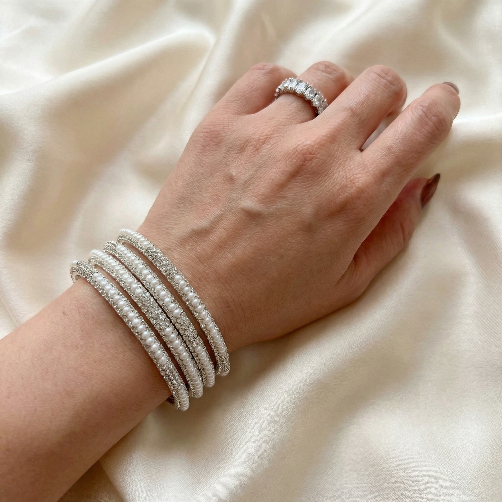 Adults Silver & Pearl Bangles