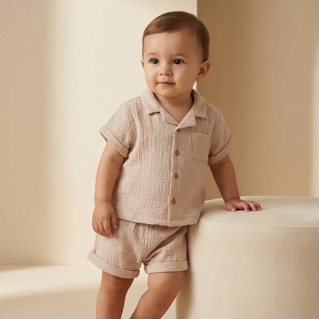 Organic Cotton Two Piece Shorts Set - Beige TEDDY & MINOU
