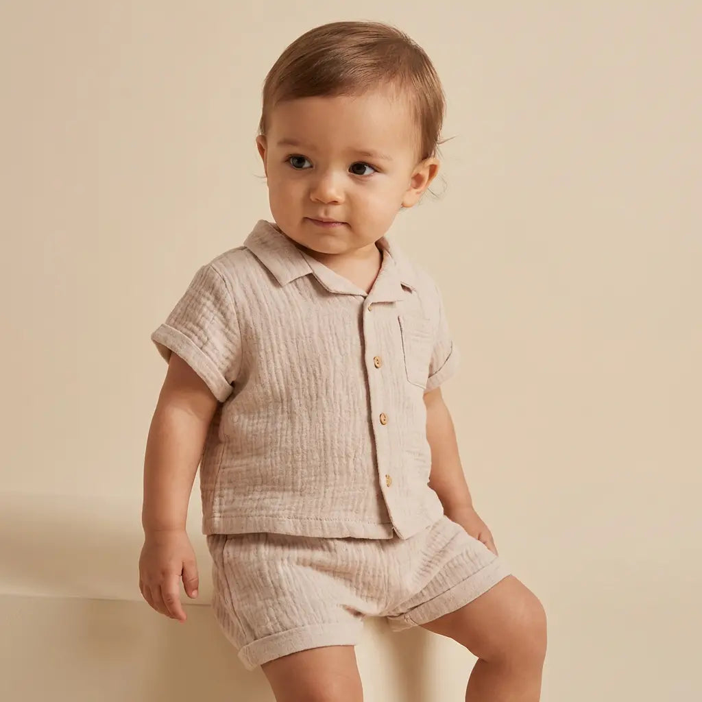 Organic Cotton Two Piece Shorts Set - Beige TEDDY & MINOU