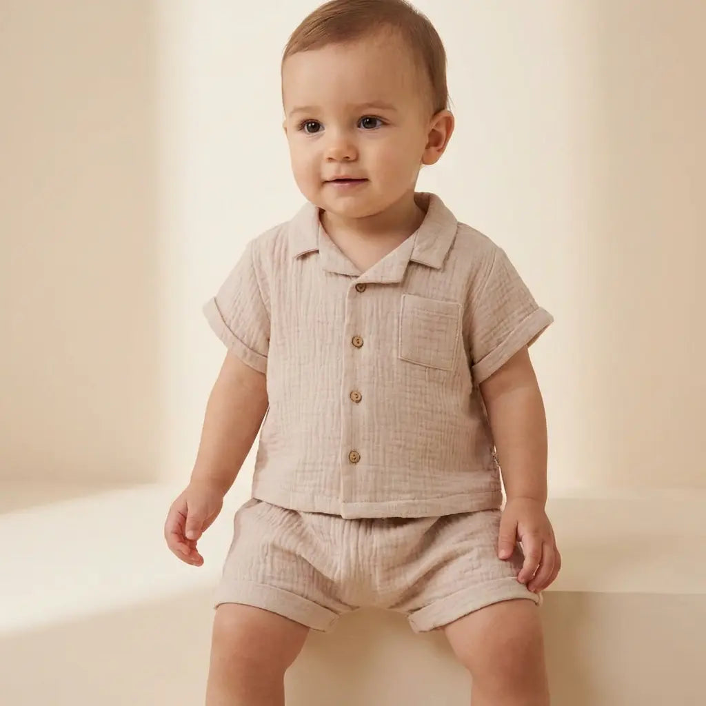 Organic Cotton Two Piece Shorts Set - Beige TEDDY & MINOU