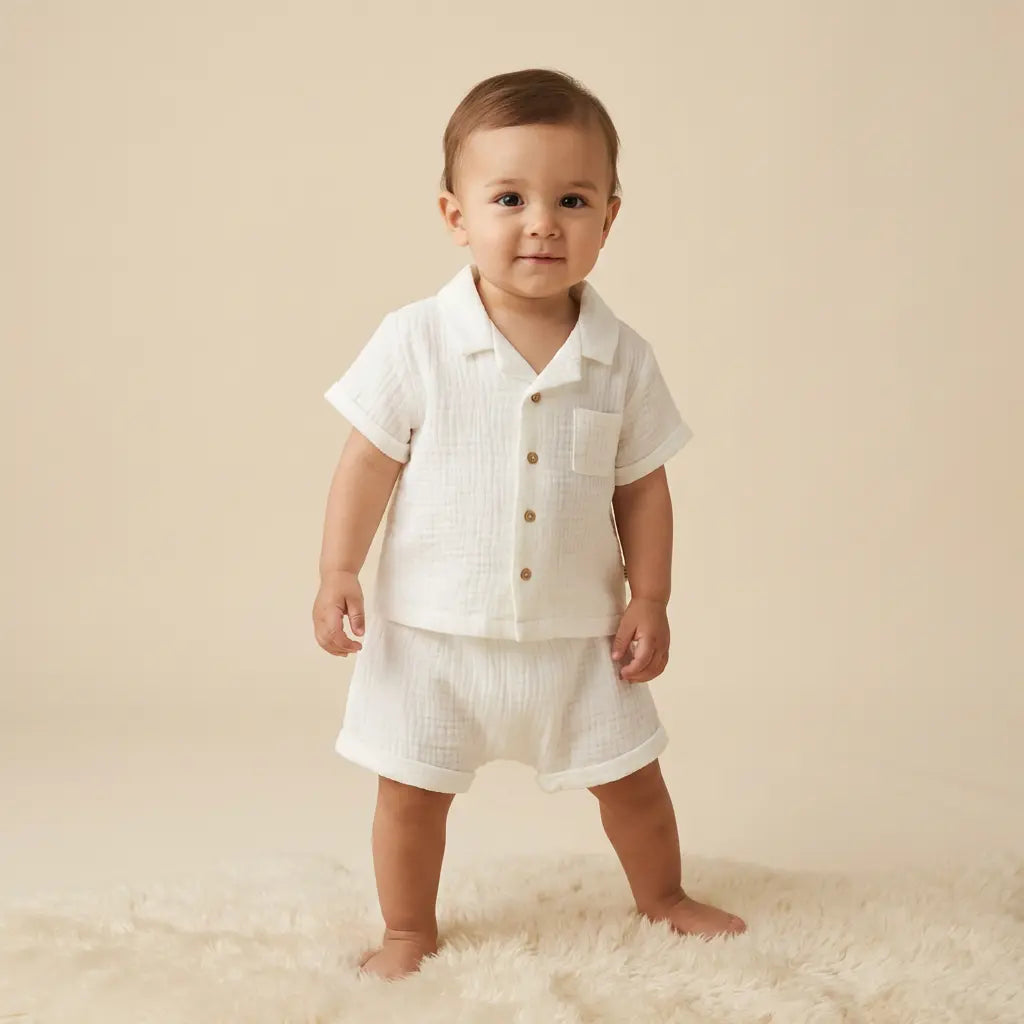 Organic Cotton Two Piece Shorts Set - White TEDDY & MINOU