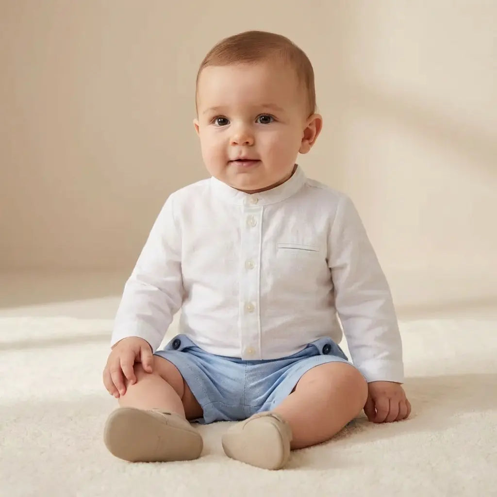 100% White Linen Baby Shirt & Sky Blue Shorts TARTINE ET CHOCOLAT