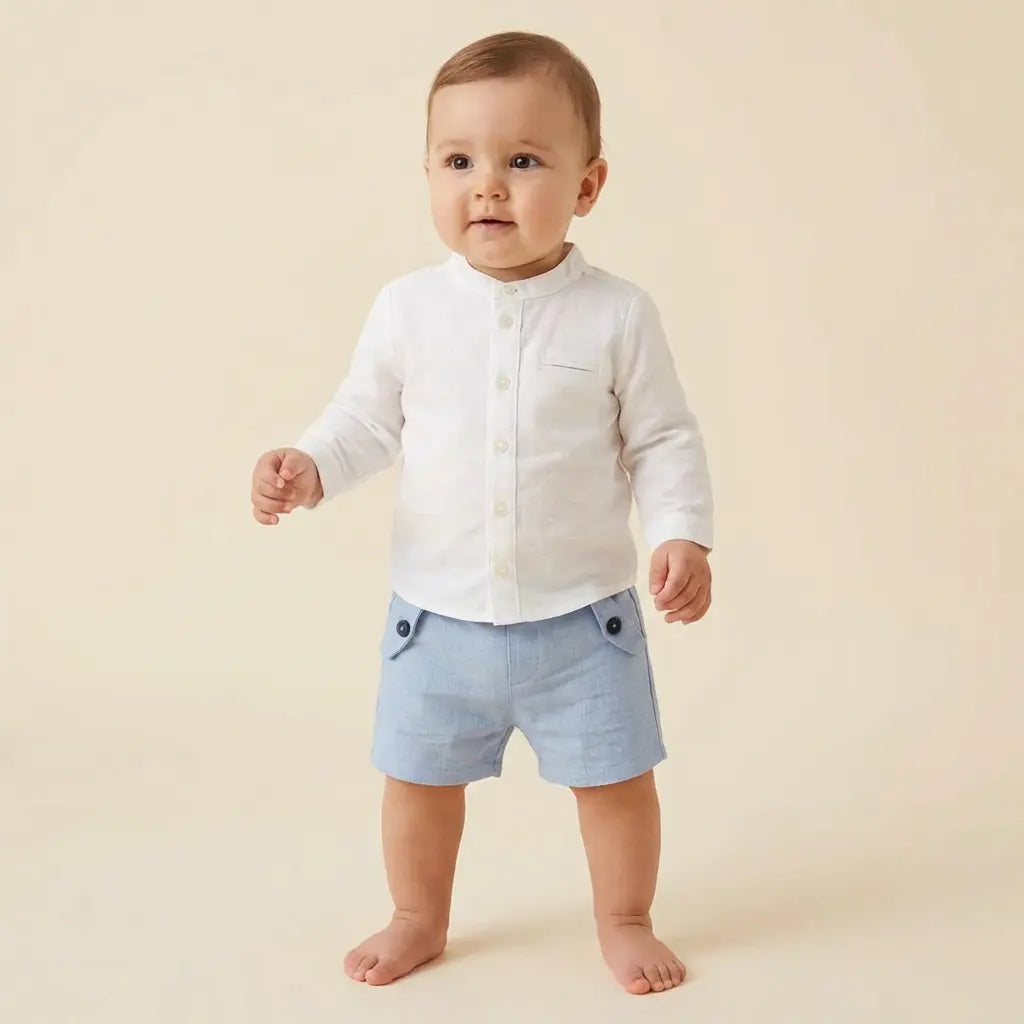 100% White Linen Baby Shirt & Sky Blue Shorts TARTINE ET CHOCOLAT