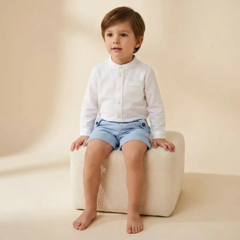 100% White Linen Baby Shirt & Sky Blue Shorts TARTINE ET CHOCOLAT