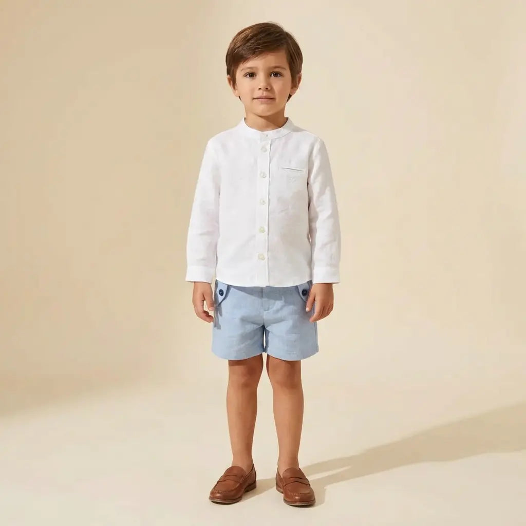 100% White Linen Baby Shirt & Sky Blue Shorts TARTINE ET CHOCOLAT
