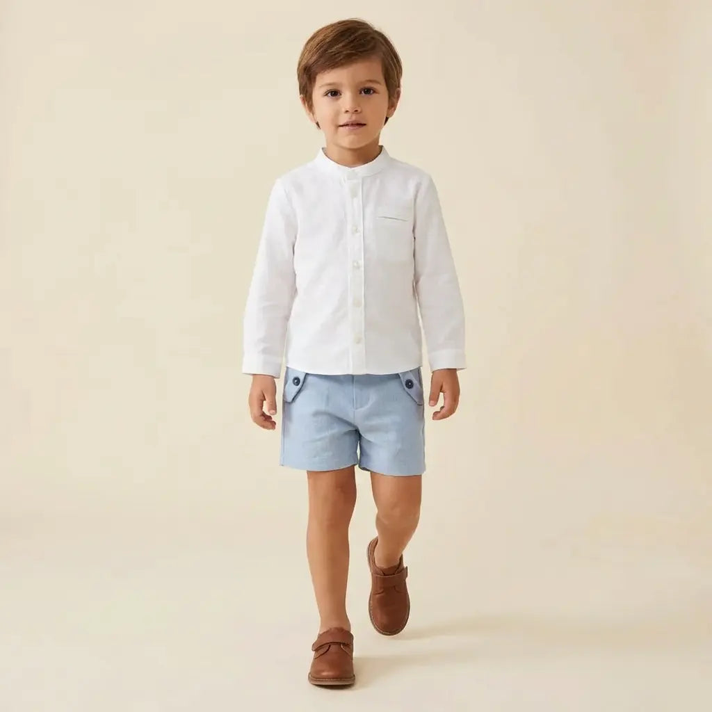 100% White Linen Baby Shirt & Sky Blue Shorts TARTINE ET CHOCOLAT