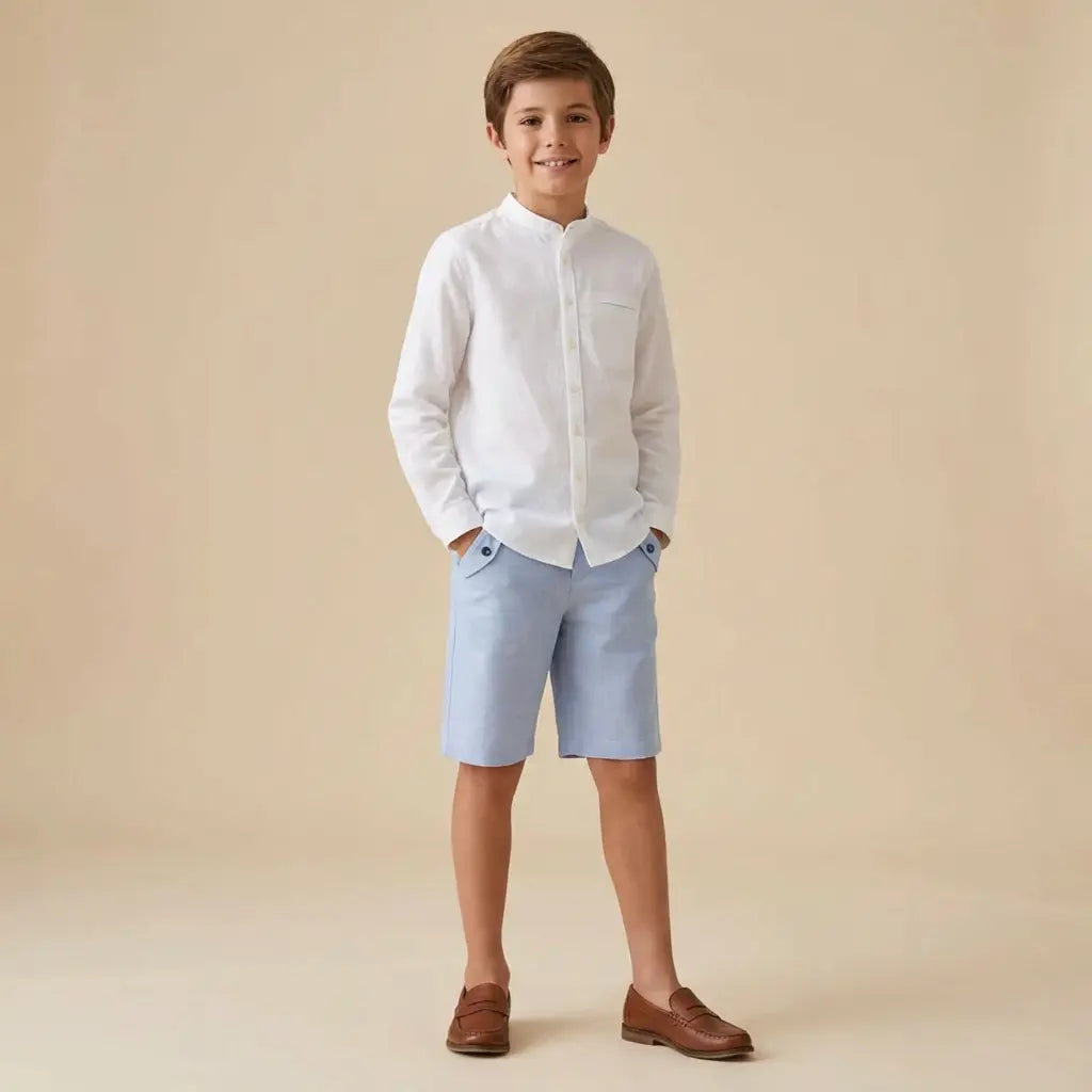 100% White Linen Chinese Collar Shirt & Sky Blue Shorts TARTINE ET CHOCOLAT