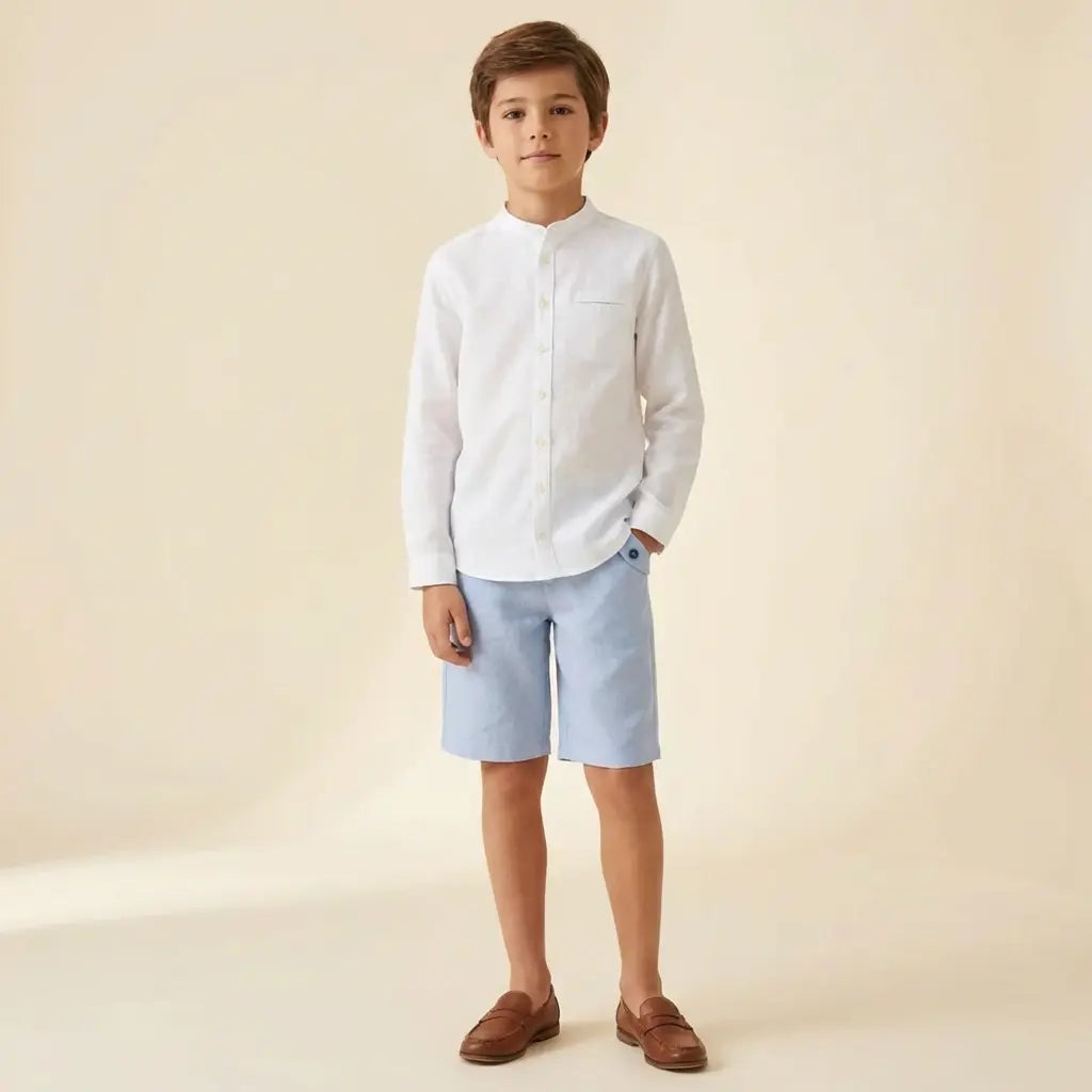 100% White Linen Chinese Collar Shirt & Sky Blue Shorts TARTINE ET CHOCOLAT