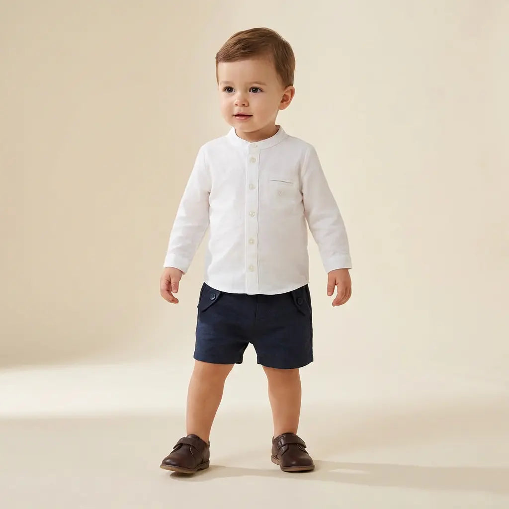 100% White Linen Baby Shirt & Navy Shorts TARTINE ET CHOCOLAT