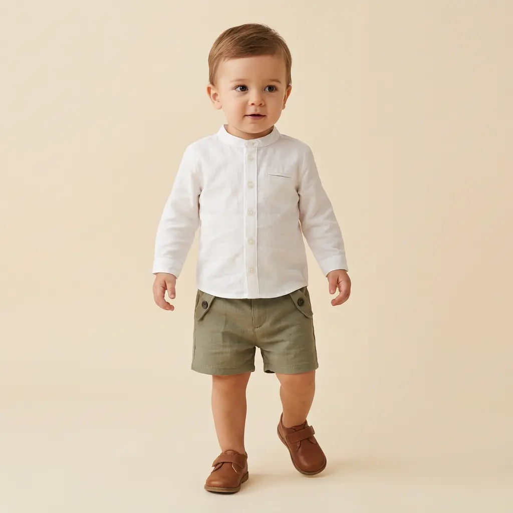 100% White Linen Baby Shirt & Green Shorts TARTINE ET CHOCOLAT