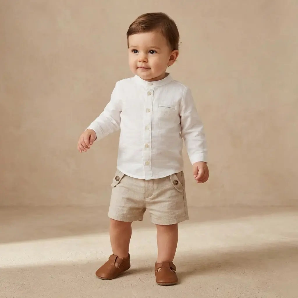 100% White Linen Baby Shirt & Beige Shorts TARTINE ET CHOCOLAT