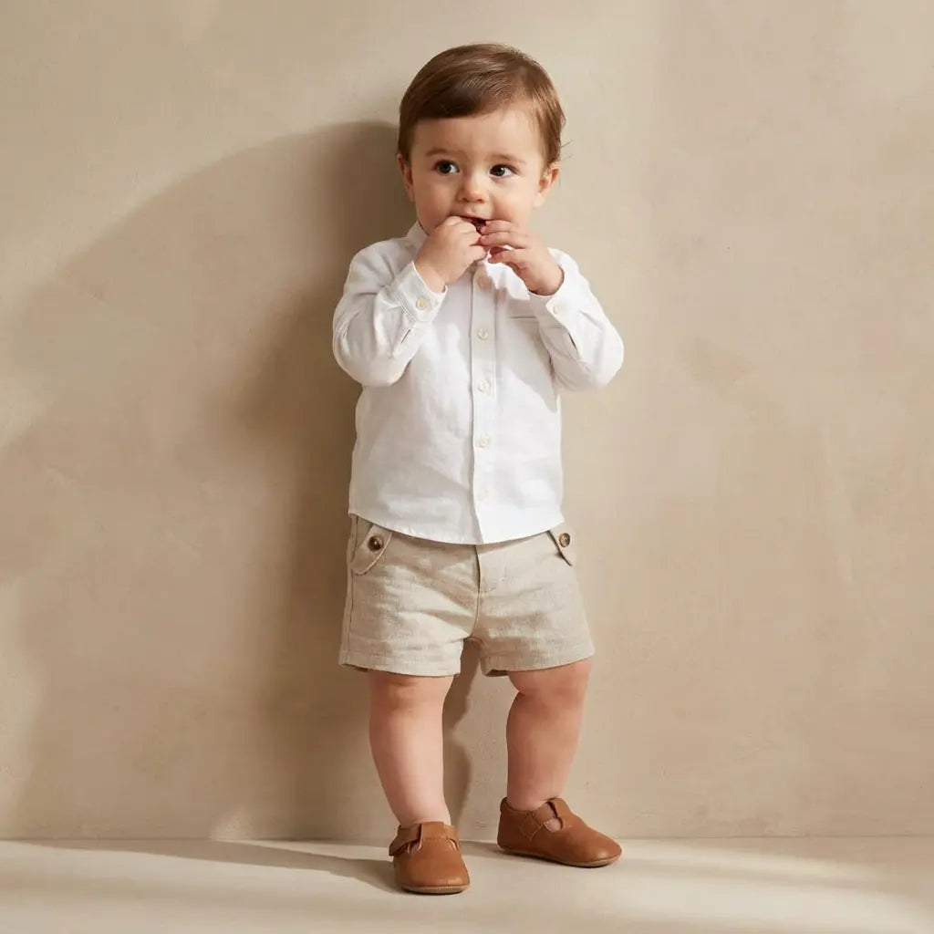 100% White Linen Baby Shirt & Beige Shorts TARTINE ET CHOCOLAT