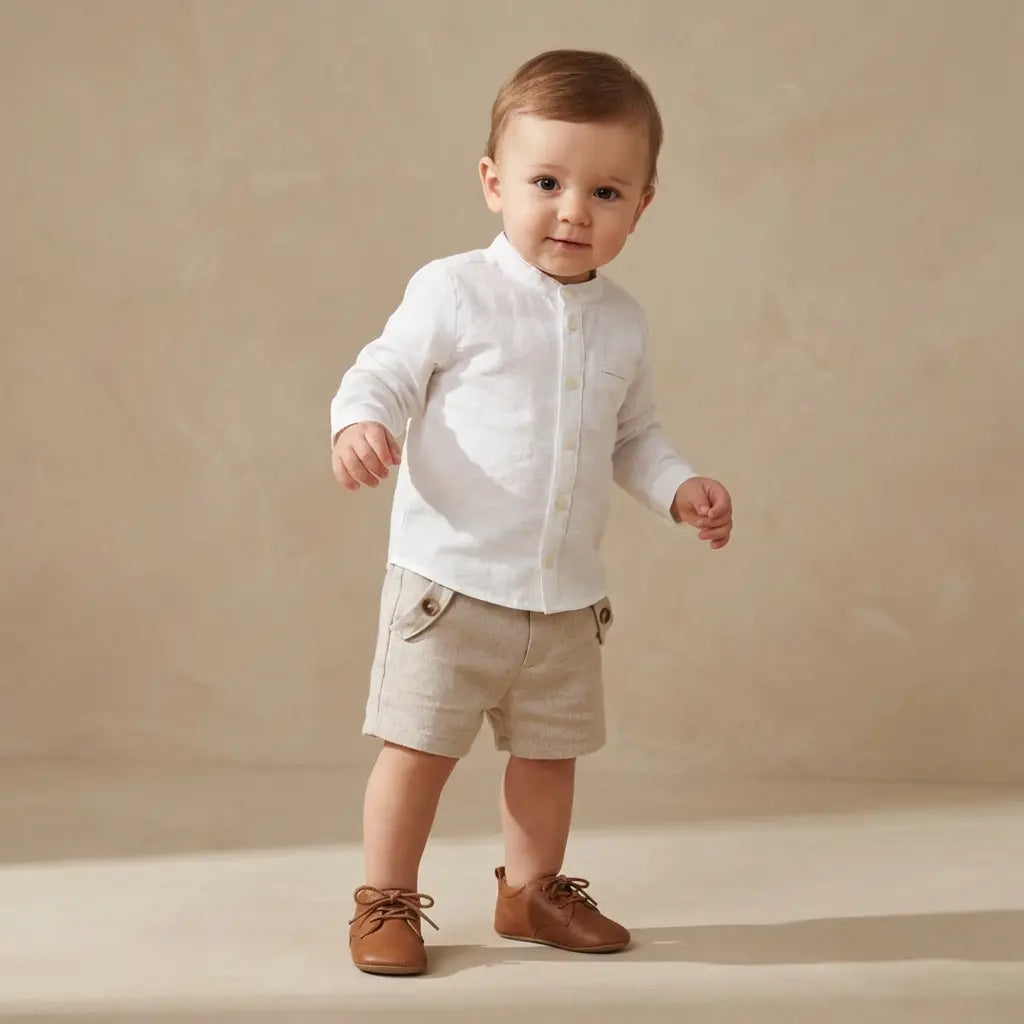 100% White Linen Baby Shirt & Beige Shorts TARTINE ET CHOCOLAT
