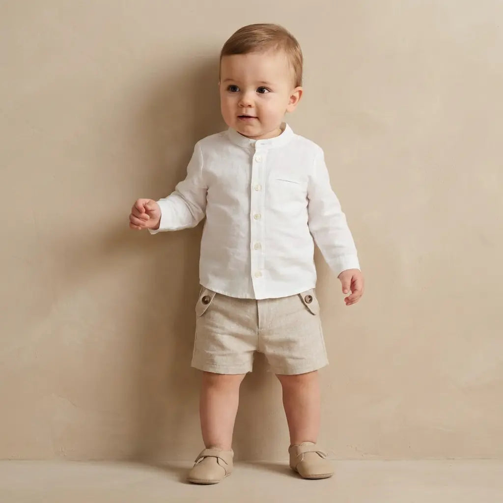 100% White Linen Baby Shirt & Beige Shorts TARTINE ET CHOCOLAT