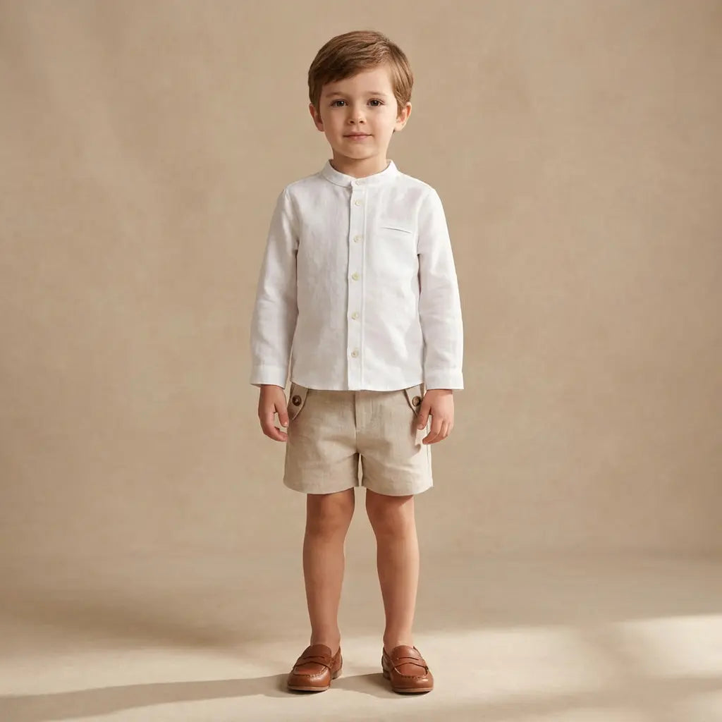 100% White Linen Baby Shirt & Beige Shorts TARTINE ET CHOCOLAT